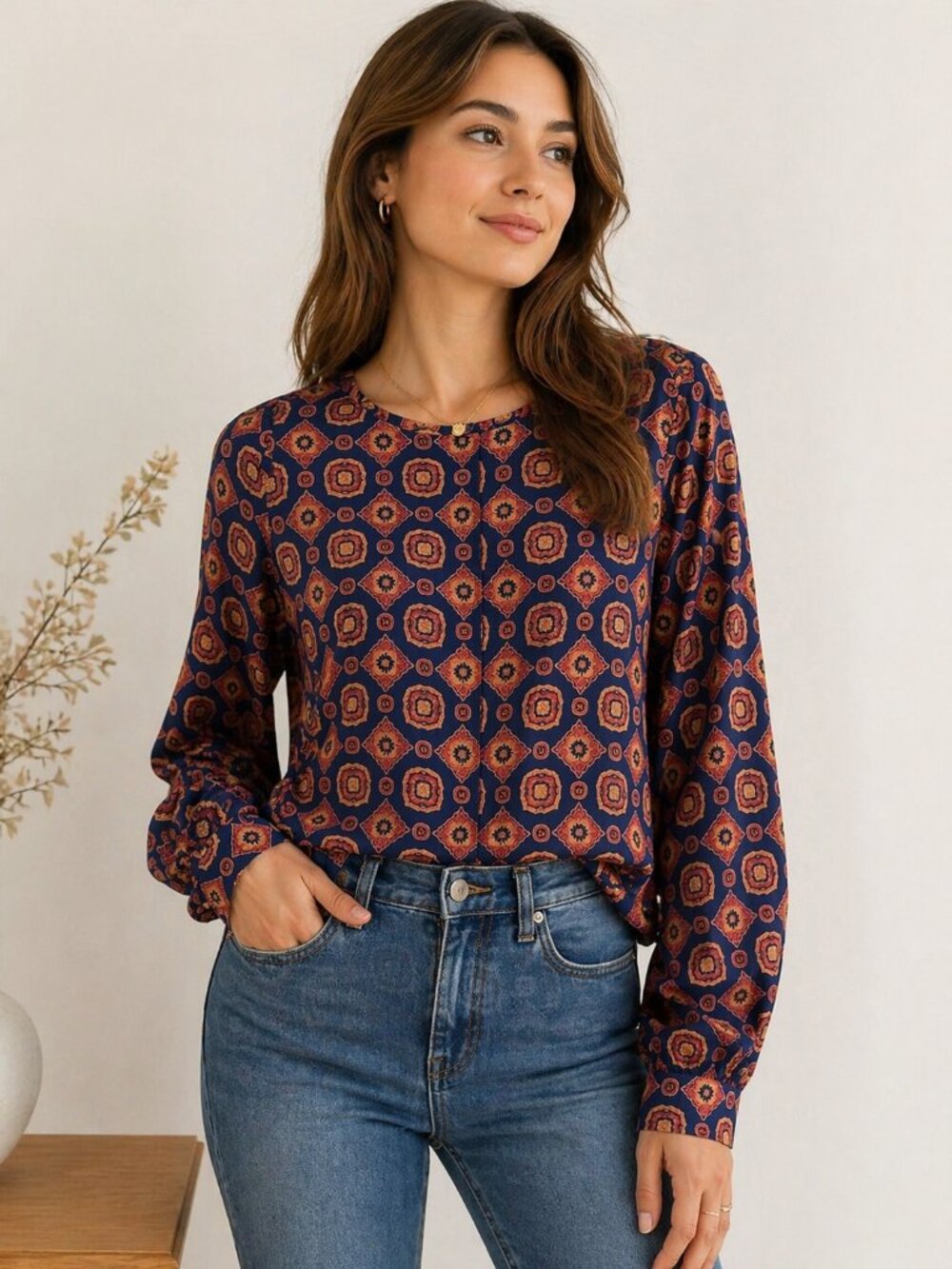 Vintage Bay Club Blouse Women XL Blue Orange Geometric Print Long Sleeve Retro